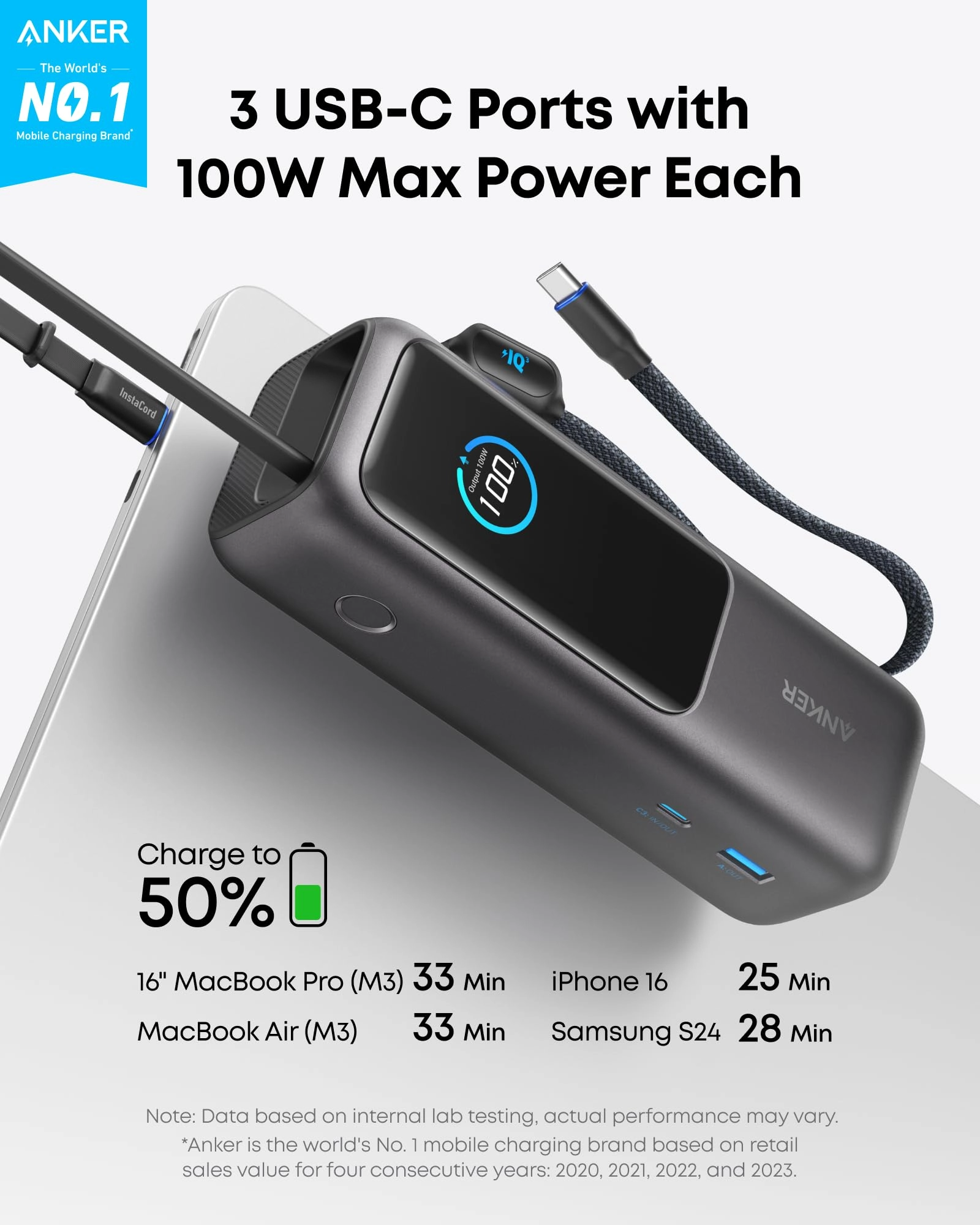 Anker Laptop Power Bank (25K, 165W, Built-In and Retractable Cables) | Customizable