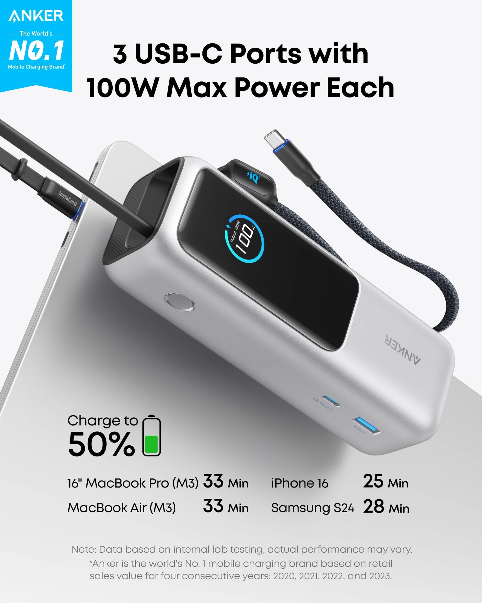 Anker Laptop Power Bank (25K, 165W, Built-In and Retractable Cables) | Customizable