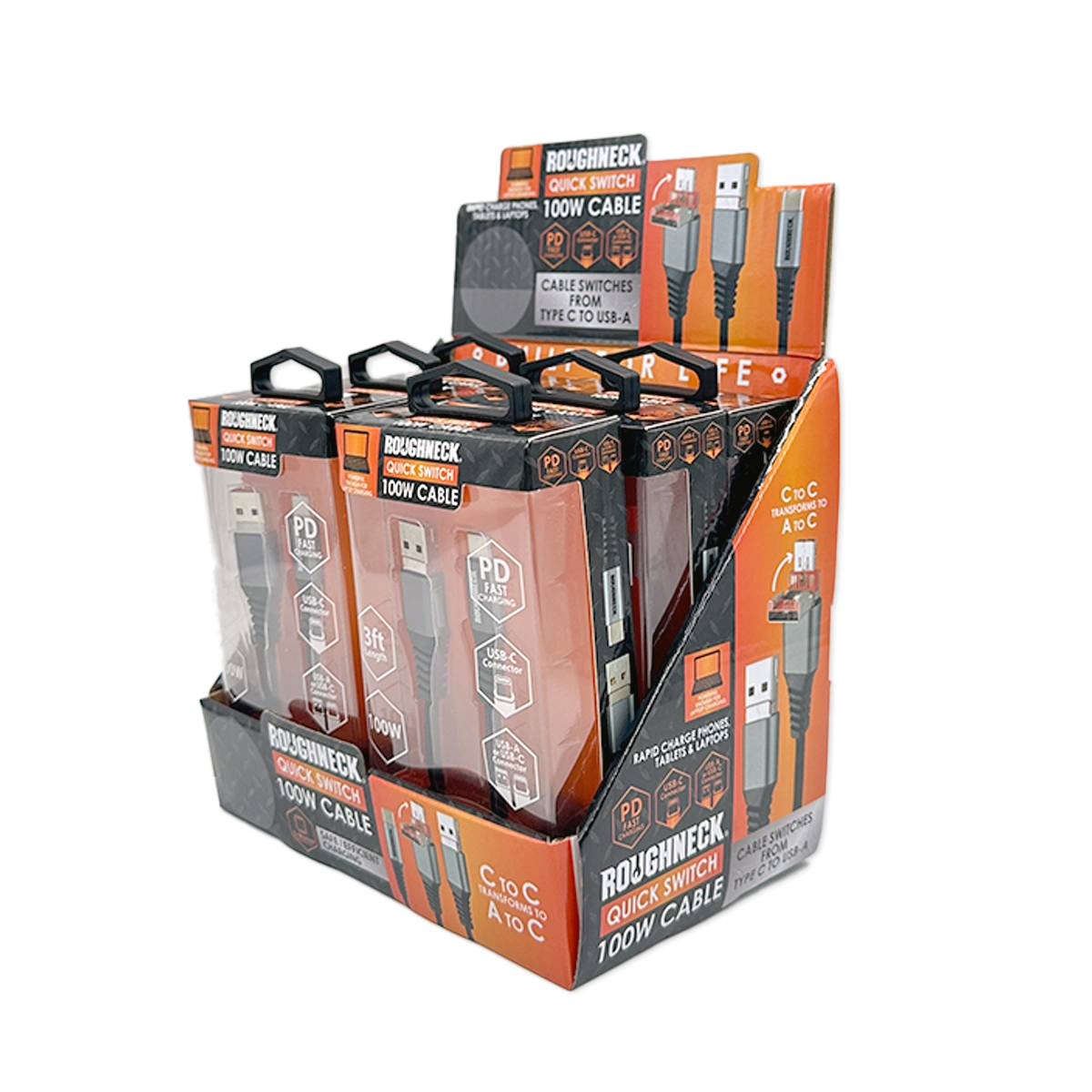 Charging Cable Quick Switch 2 in 1 Multi-Head USB to USB-C 3FT 100W - 6 Pieces Per Retail Ready Display 25695