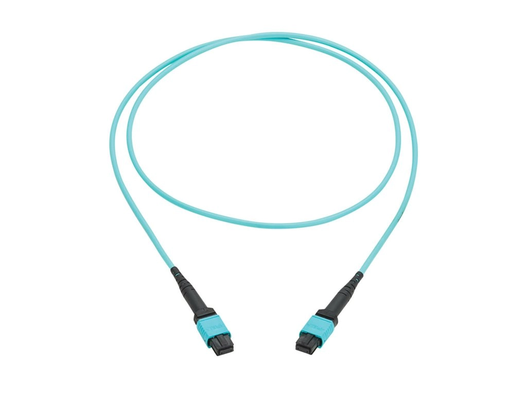 Eaton Tripp Lite Series 100G Multimode 50/125 OM4 Fiber Optic Cable 12F MPO/MPO-PC F/F Type-B Polarity OFNP Aqua 2M TAA - Network N845B-02M-12TAA