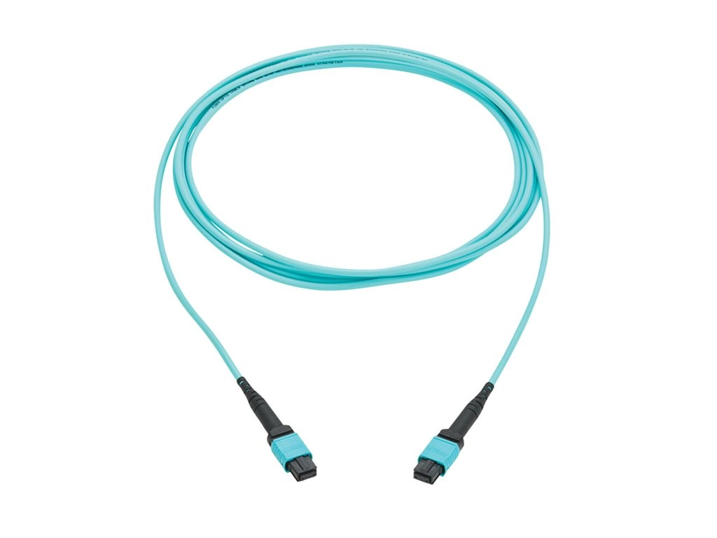 Eaton Tripp Lite Series 100G Multimode 50/125 OM4 Fiber Optic Cable 12F MPO/MPO-PC F/F Type-B Polarity OFNP Aqua 4M TAA - Network N845B-04M-12TAA