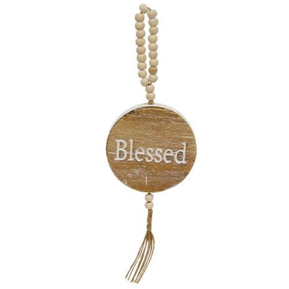 *"Blessed" Engraved Wooden Ornament w/Bead Hanger