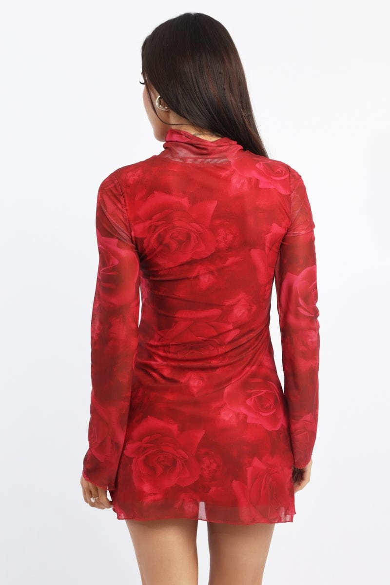 Red Floral Mini Dress High Neck Long Sleeve Mesh