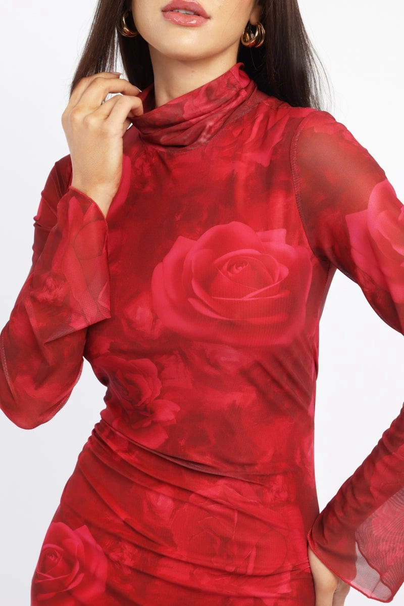 Red Floral Mini Dress High Neck Long Sleeve Mesh