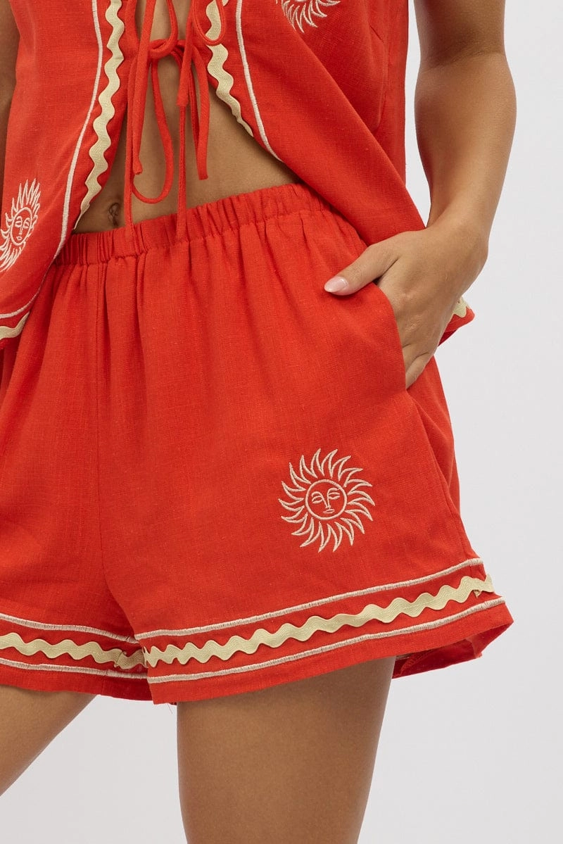 Red Shorts Elasticated Waist Embroidery