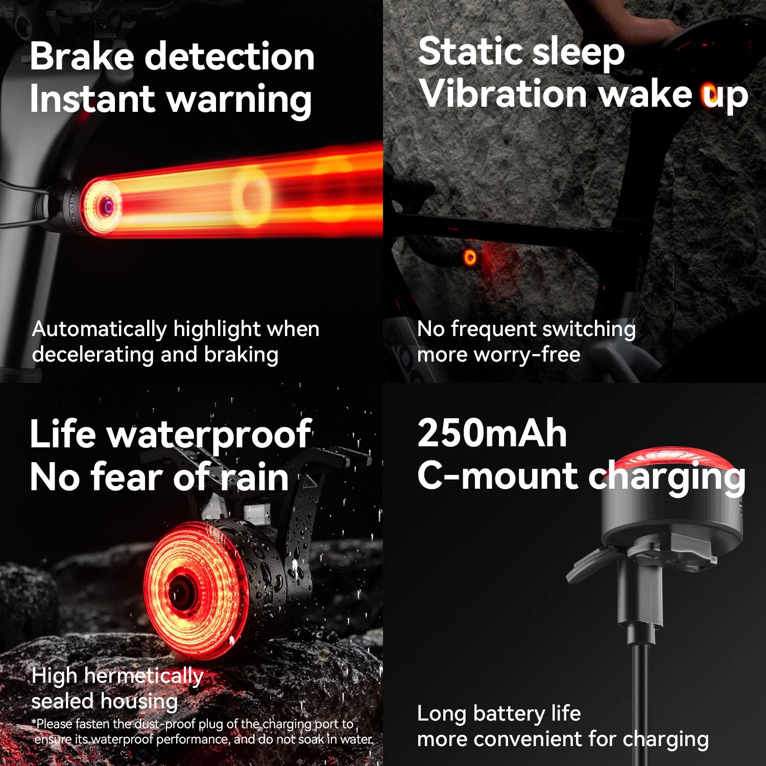 ROCKBROS R0 Smart Brake-Sensing Waterproof Tail Handle Plug Light Auto Sync