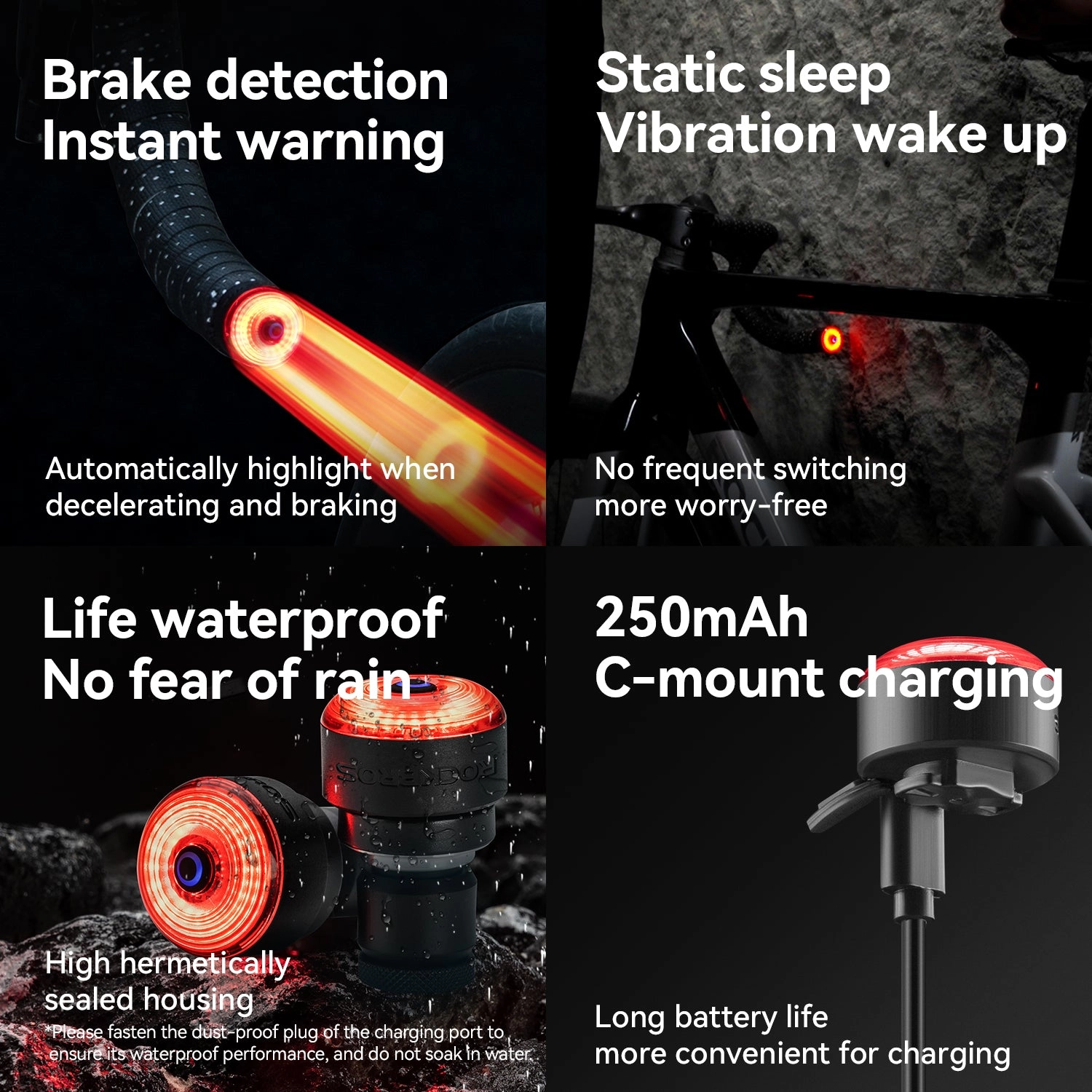 ROCKBROS R0 Smart Brake-Sensing Waterproof Tail Handle Plug Light Auto Sync