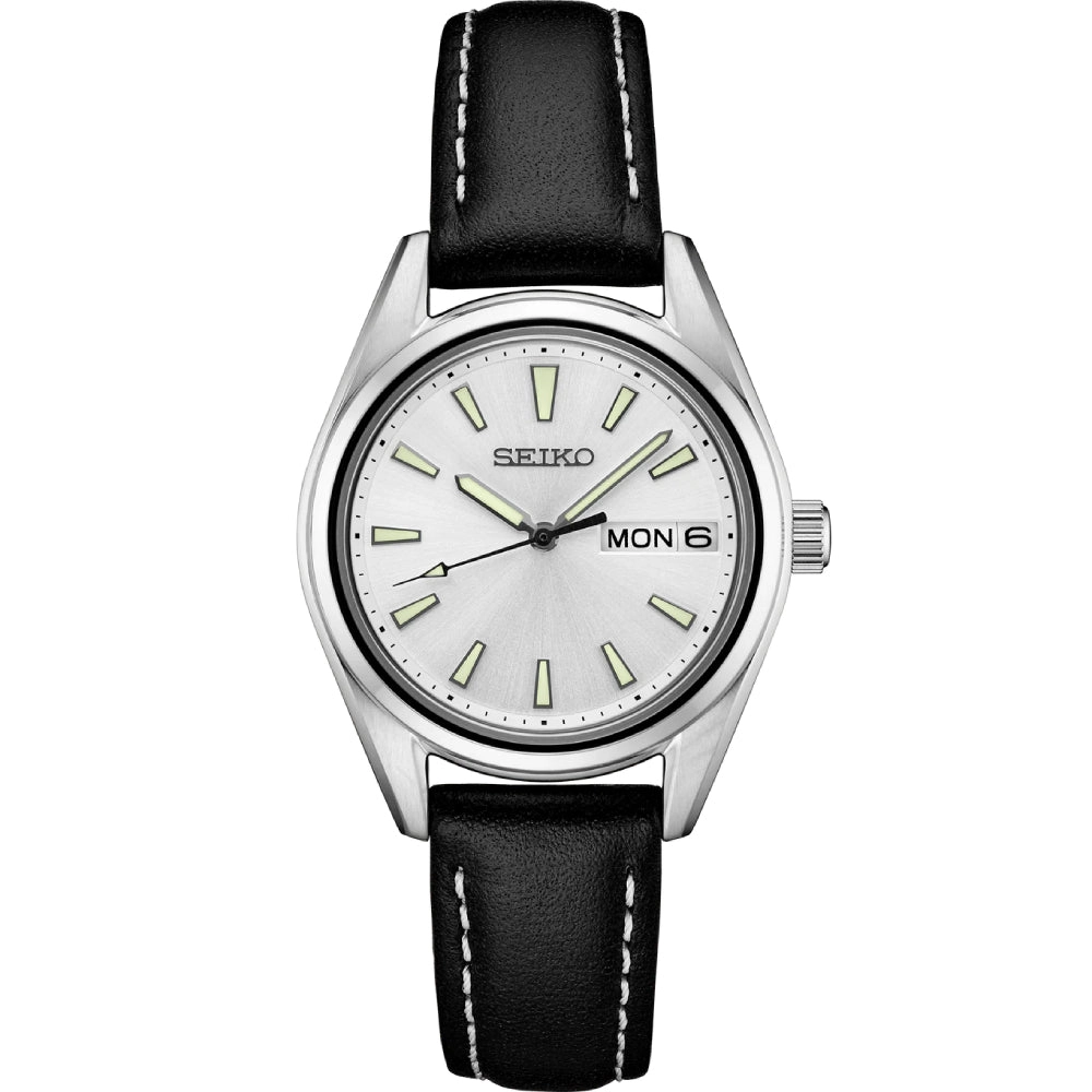 Seiko Essentials 30mm Quartz, Silver Dial / Black Leather Strap
