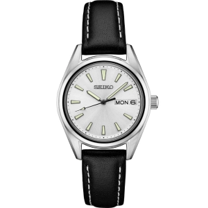 Seiko Essentials 30mm Quartz, Silver Dial / Black Leather Strap